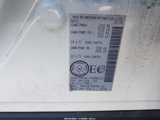 5N1AT2MV9KC749812 Nissan Rogue S/sl/sv