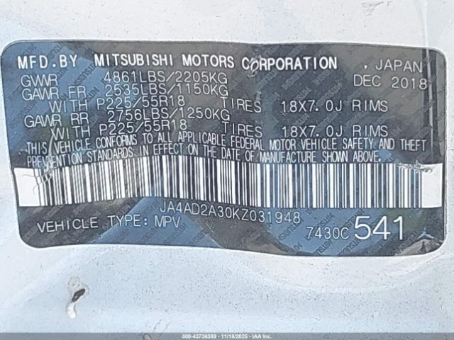 2019 MITSUBISHI OUTLANDER JA4AD2A30KZ031948 Photo 8