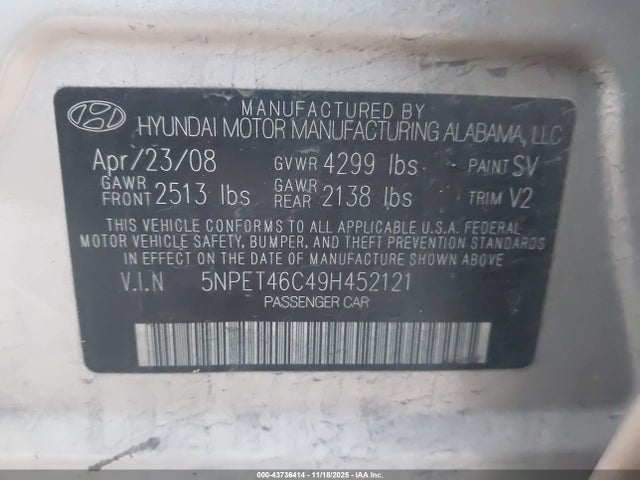 2009 HYUNDAI SONATA 5NPET46C49H452121 Photo 8