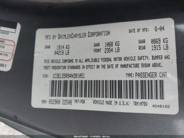 2004 CHRYSLER SEBRING 1C3EL55R94N391051 Photo 8