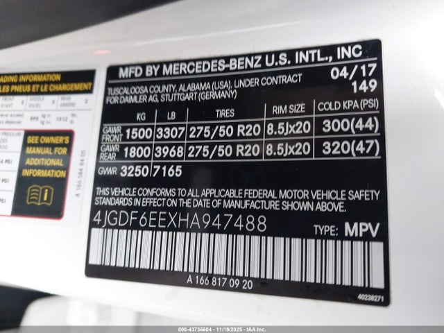 Продаж на аукціоні авто 2017 Mercedes-benz Gls 450 4matic, vin: 4JGDF6EEXHA947488, номер лоту: 43736604