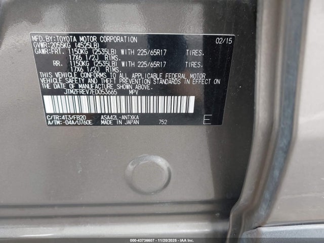 43736607 :رقم المزاد ، JTMZFREV7FD053665 vin ، 2015 Toyota Rav4 Le مزاد بيع