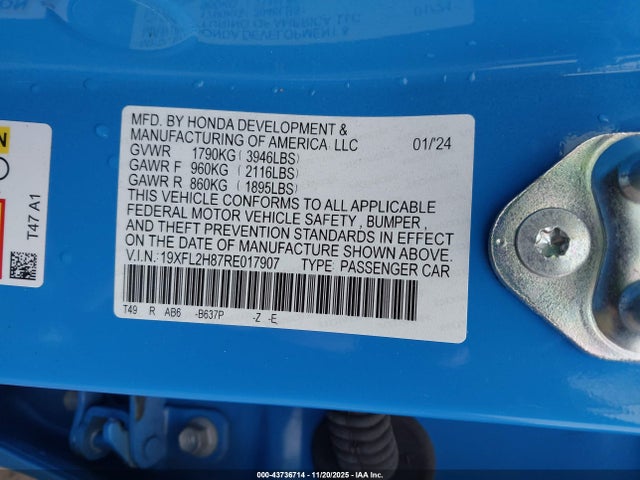 2024 Honda Civic Sport მანქანა იყიდება აუქციონზე, vin: 19XFL2H87RE017907, აუქციონის ნომერი: 43736714