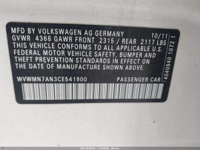 2012 VOLKSWAGEN CC WVWMN7AN3CE541900 Photo 8