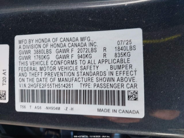 2HGFE2F55TH514261 Honda Civic Sport