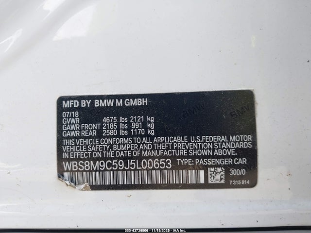 Aukcja sprzedaży 2018 Bmw M3, vin: WBS8M9C59J5L00653, numer aukcji: 43736806