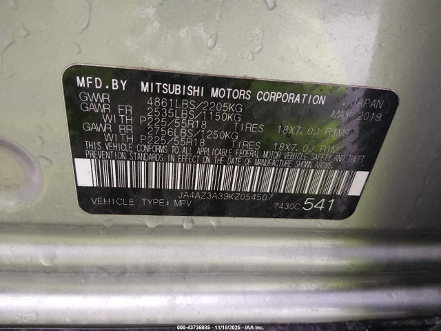 2019 MITSUBISHI OUTLANDER JA4AZ3A39KZ054507 Photo 8