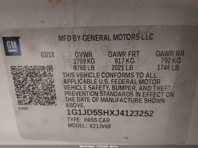 1G1JD5SHXJ4123252 Chevrolet Sonic Lt Auto