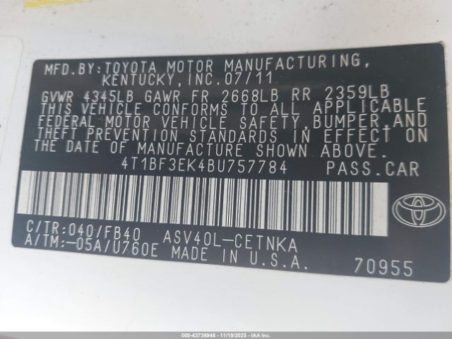 2011 TOYOTA CAMRY 4T1BF3EK4BU757784 Photo 8