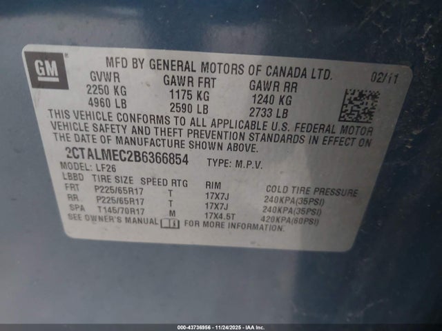 43736956 :رقم المزاد ، 2CTALMEC2B6366854 vin ، 2011 Gmc Terrain Sle-1 مزاد بيع
