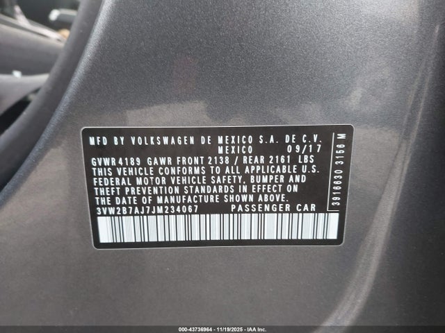 43736964 :رقم المزاد ، 3VW2B7AJ7JM234067 vin ، 2018 Volkswagen Jetta 1.4t S مزاد بيع