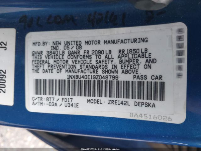 2009 TOYOTA COROLLA 1NXBU40E19Z048799 Photo 8