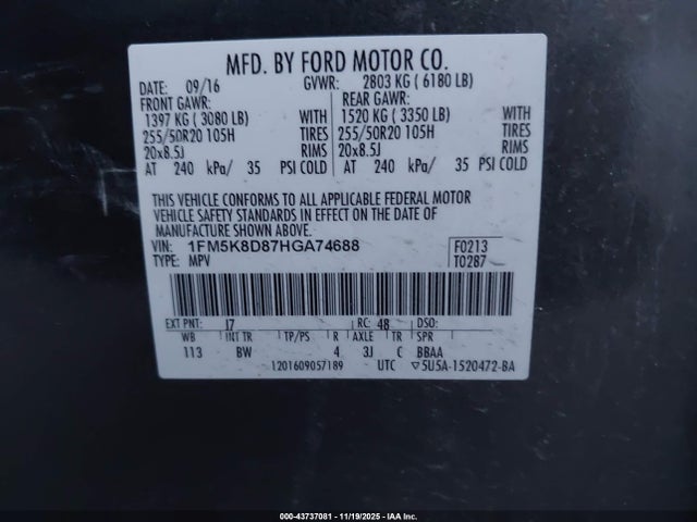1FM5K8D87HGA74688 Ford EXPLORER XLT