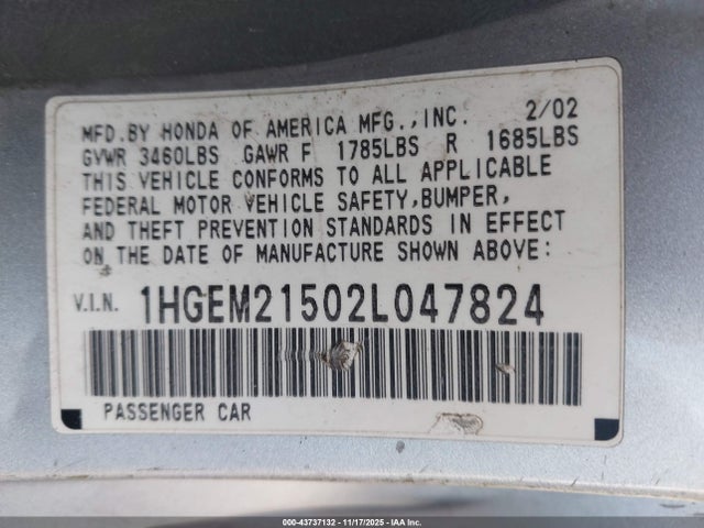 2002 HONDA CIVIC 1HGEM21502L047824 Photo 8