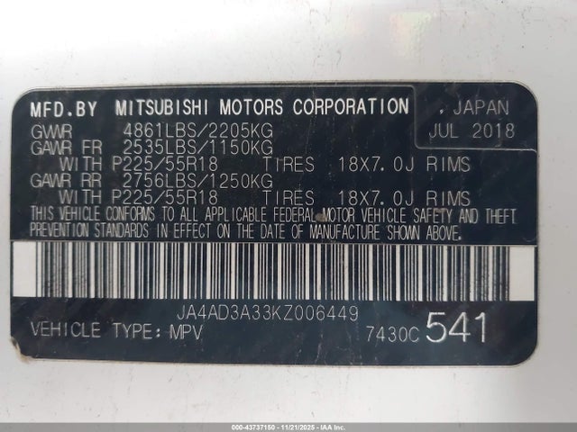 2019 MITSUBISHI OUTLANDER JA4AD3A33KZ006449 Photo 8