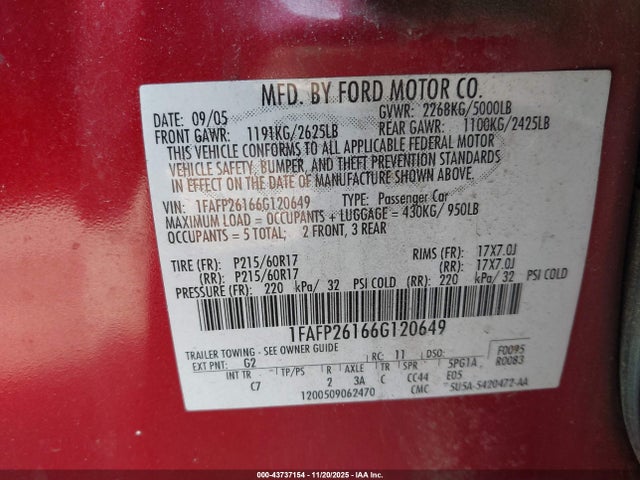 2006 FORD FIVE HUNDRED 1FAFP26166G120649 Photo 8