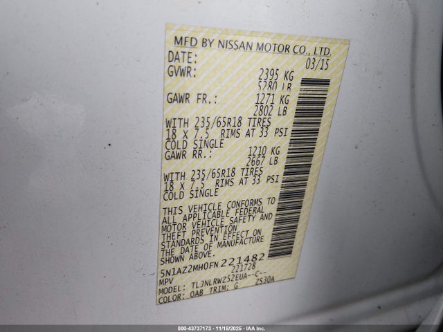 Продажа на аукционе авто 2015 Nissan Murano Sl, vin: 5N1AZ2MH0FN221482, номер лота: 43737173