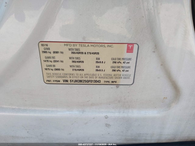 2016 TESLA MODEL X 5YJXCBE25GF013043 Photo 8