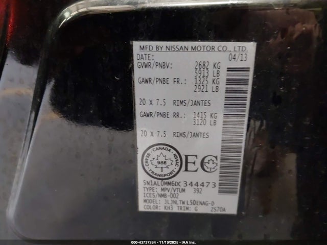 43737264 :رقم المزاد ، 5N1AL0MM6DC344473 vin ، 2013 Infiniti Jx35 مزاد بيع
