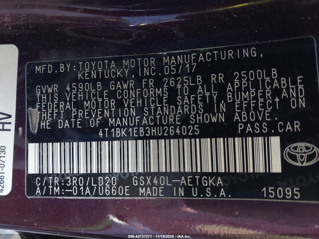 4T1BK1EB3HU264025 Toyota AVALON XLE