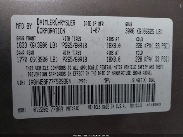 2007 CHRYSLER ASPEN 1A8HW58P77F529364 Photo 8