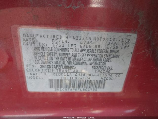 2015 NISSAN VERSA 3N1CN7AP2FL806925 Photo 8