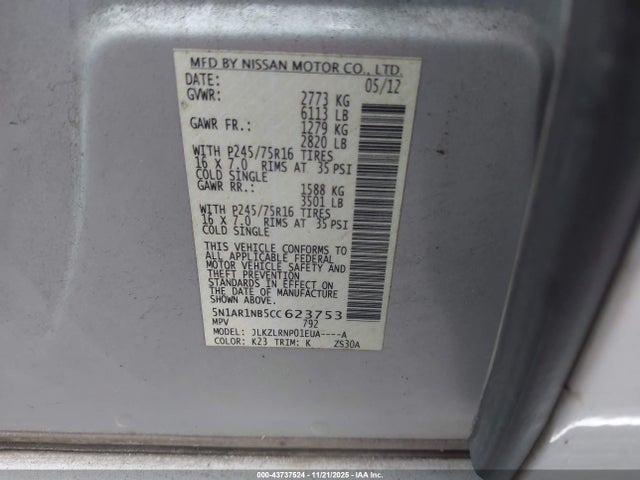43737524 :رقم المزاد ، 5N1AR1NB5CC623753 vin ، 2012 Nissan Pathfinder S مزاد بيع