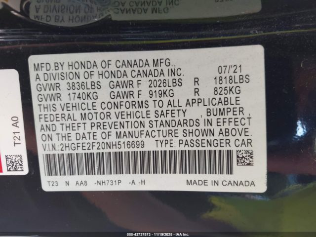 2022 HONDA CIVIC 2HGFE2F20NH516699 Photo 8