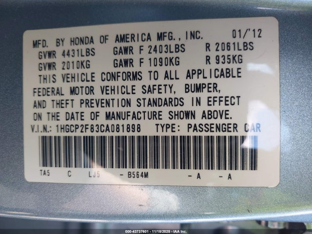 Aukcja sprzedaży 2012 Honda Accord 2.4 Ex-l, vin: 1HGCP2F83CA081898, numer aukcji: 43737601