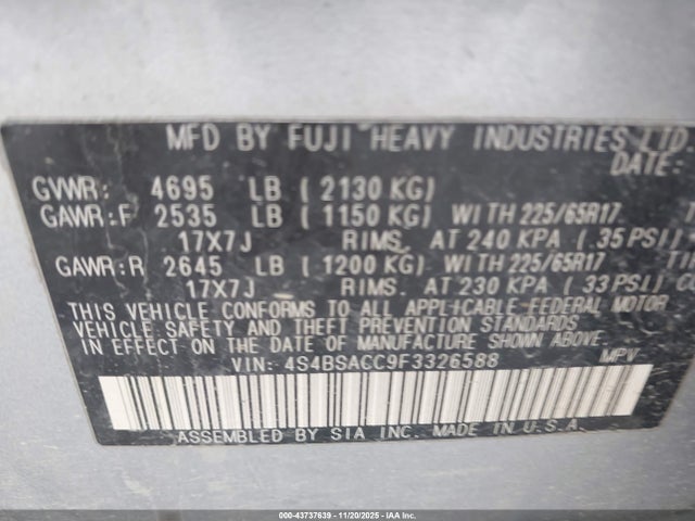 Aukcja sprzedaży 2015 Subaru Outback 2.5i Premium, vin: 4S4BSACC9F3326588, numer aukcji: 43737639