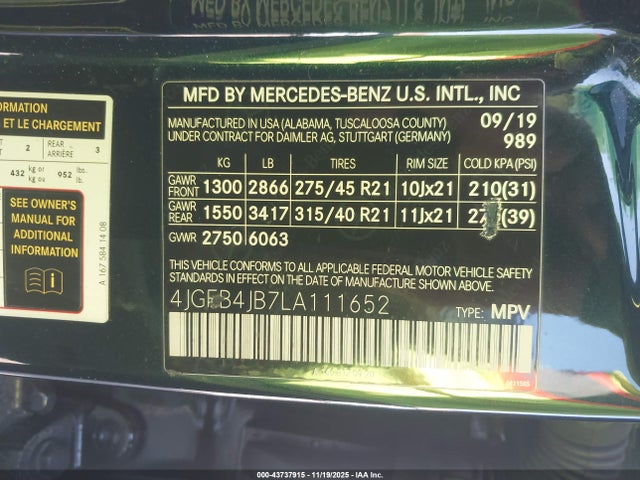 4JGFB4JB7LA111652 Mercedes-Benz GLE 350