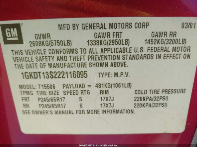 2002 GMC ENVOY 1GKDT13S222116095 Photo 8