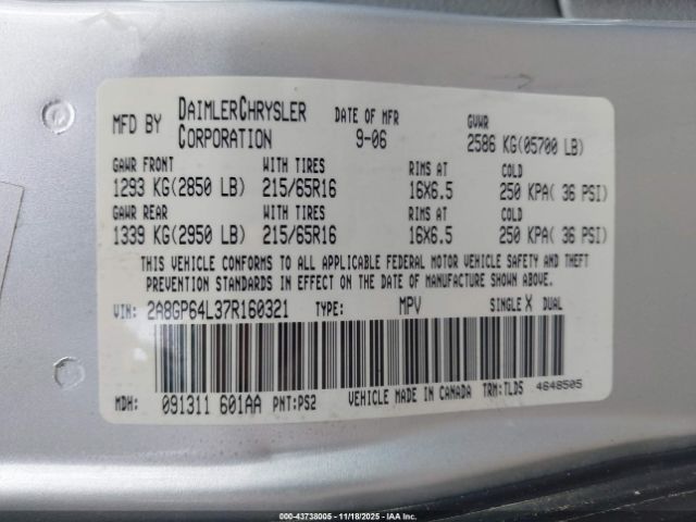 2007 CHRYSLER TOWN & COUNTRY 2A8GP64L37R160321 Photo 8