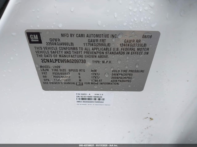 Aukcja sprzedaży 2010 Chevrolet Equinox Lt, vin: 2CNALPEW9A6209730, numer aukcji: 43738027