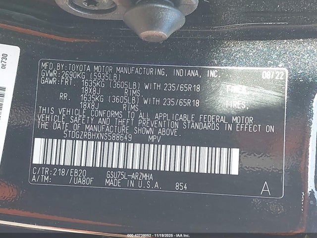 5TDGZRBHXNS588649 Toyota Highlander Xle