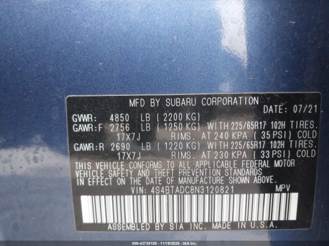 2022 SUBARU OUTBACK 4S4BTADC8N3120821 Photo 8