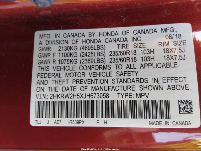 2HKRW2H5XJH673058 Honda CR-V EX