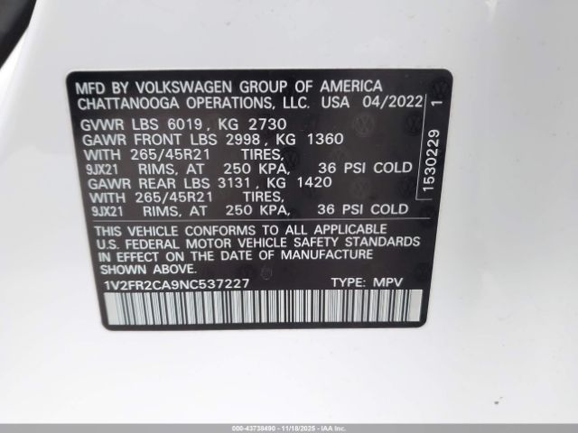 2022 VOLKSWAGEN ATLAS 1V2FR2CA9NC537227 Photo 8