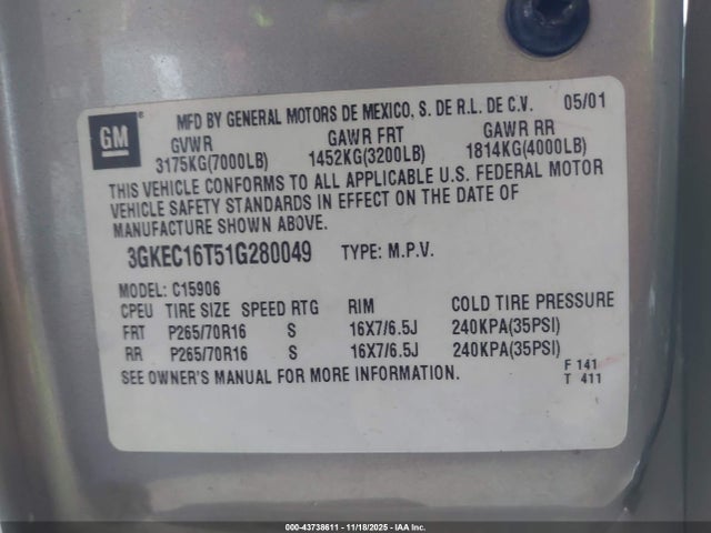 2001 GMC YUKON XL 3GKEC16T51G280049 Photo 8