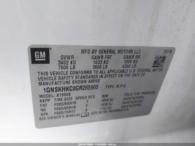 2016 CHEVROLET SUBURBAN 1GNSKHKC8GR265965 Photo 8