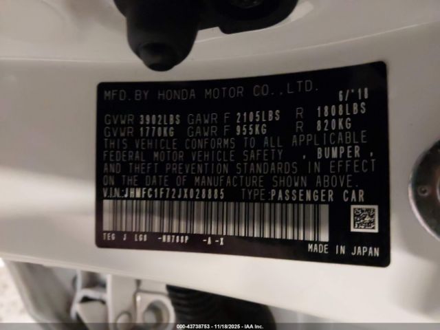 2018 HONDA CIVIC JHMFC1F72JX028885 Photo 8