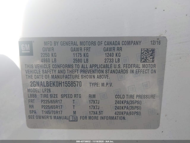 Aukcja sprzedaży 2017 Chevrolet Equinox Ls, vin: 2GNALBEK0H1558570, numer aukcji: 43738832