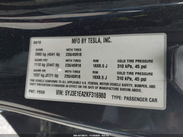 2019 TESLA MODEL 3 5YJ3E1EA2KF316980 Photo 8