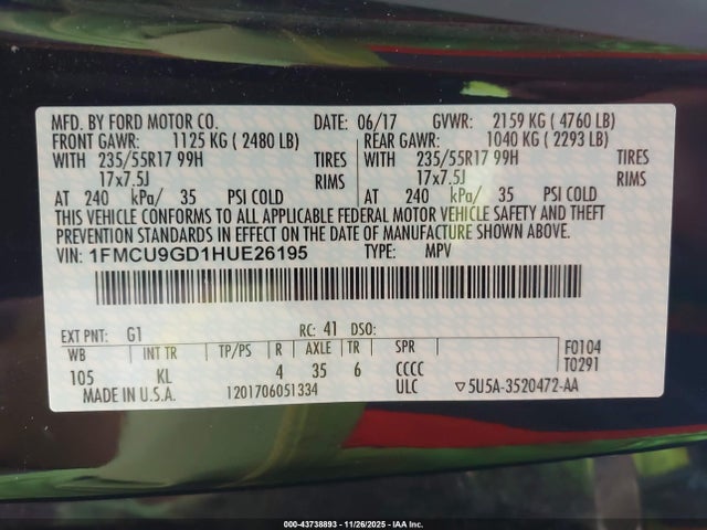 1FMCU9GD1HUE26195 Ford ESCAPE SE