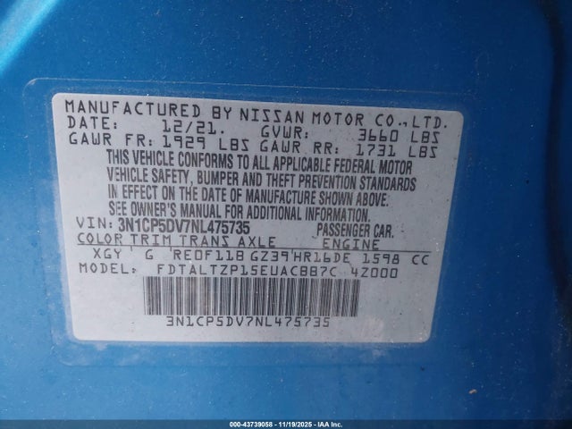 3N1CP5DV7NL475735 Nissan Kicks Sr Xtronic Cvt