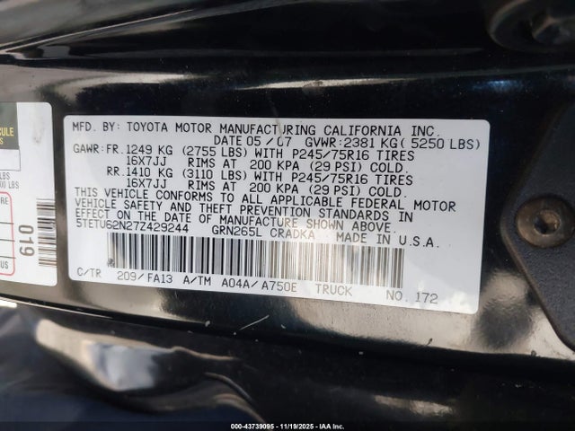 2007 TOYOTA TACOMA 5TETU62N27Z429244 Photo 8