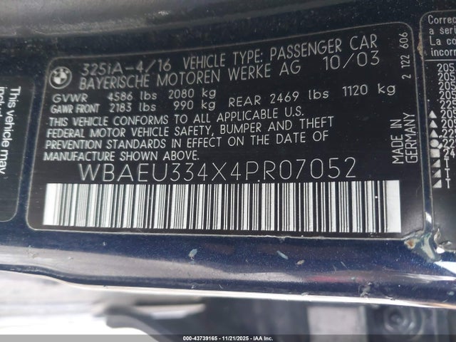 2004 Bmw 325xi მანქანა იყიდება აუქციონზე, vin: WBAEU334X4PR07052, აუქციონის ნომერი: 43739165