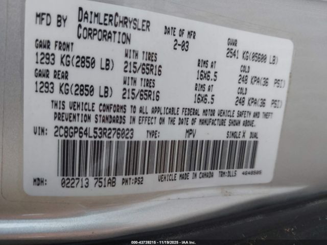 2003 CHRYSLER TOWN & COUNTRY 2C8GP64L53R276023 Photo 8