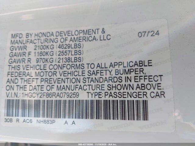 1HGCY2F86RA079259 Honda Accord Hybrid Touring