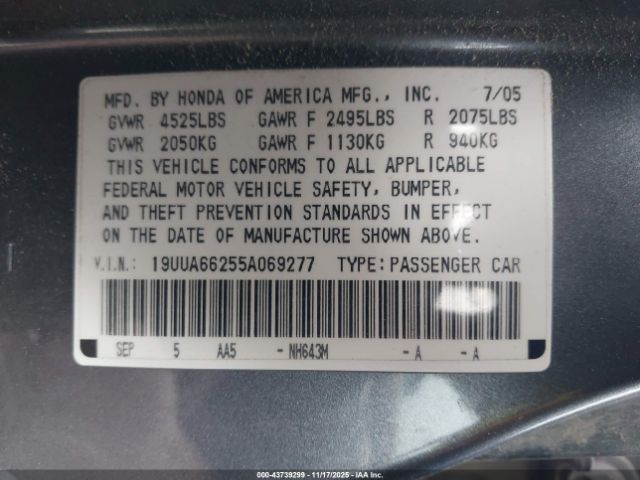 2005 ACURA TL 19UUA66255A069277 Photo 8